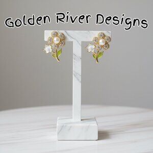 18K Gold Plated Zircon Pearl Flower Earrings